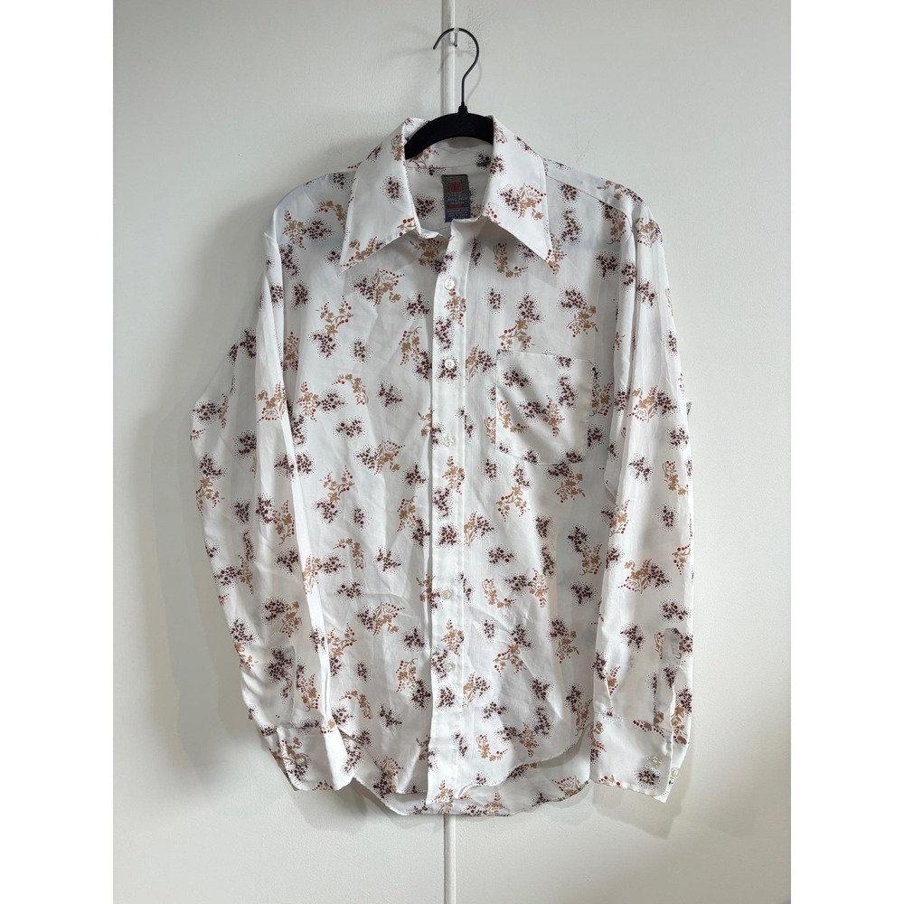 Vintage Jandy‎ Place Shirt Mens Large White Floral Button Front Long Sleeve 70s